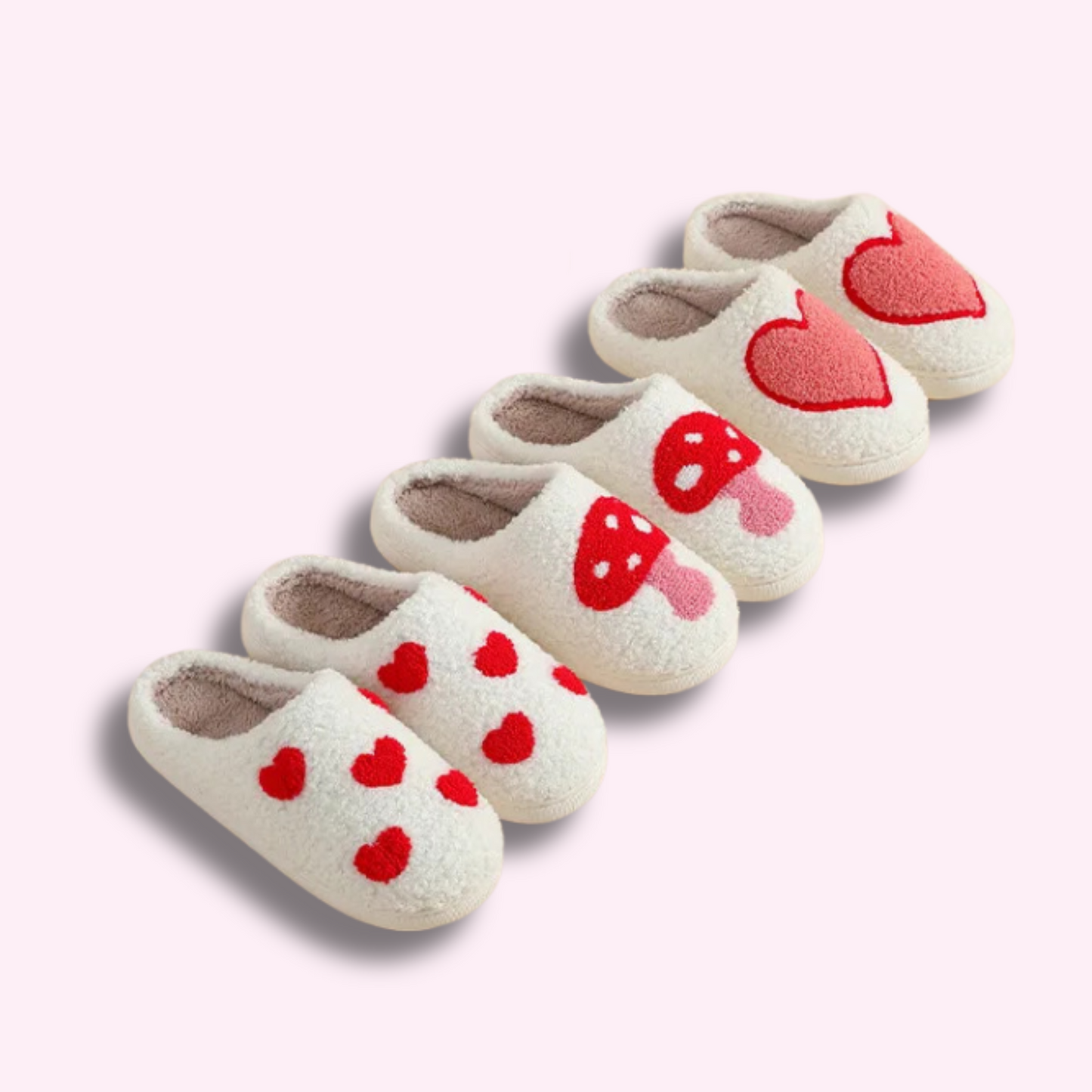 Cute & Fluffy Slippers With Hearts & Mushroom Design