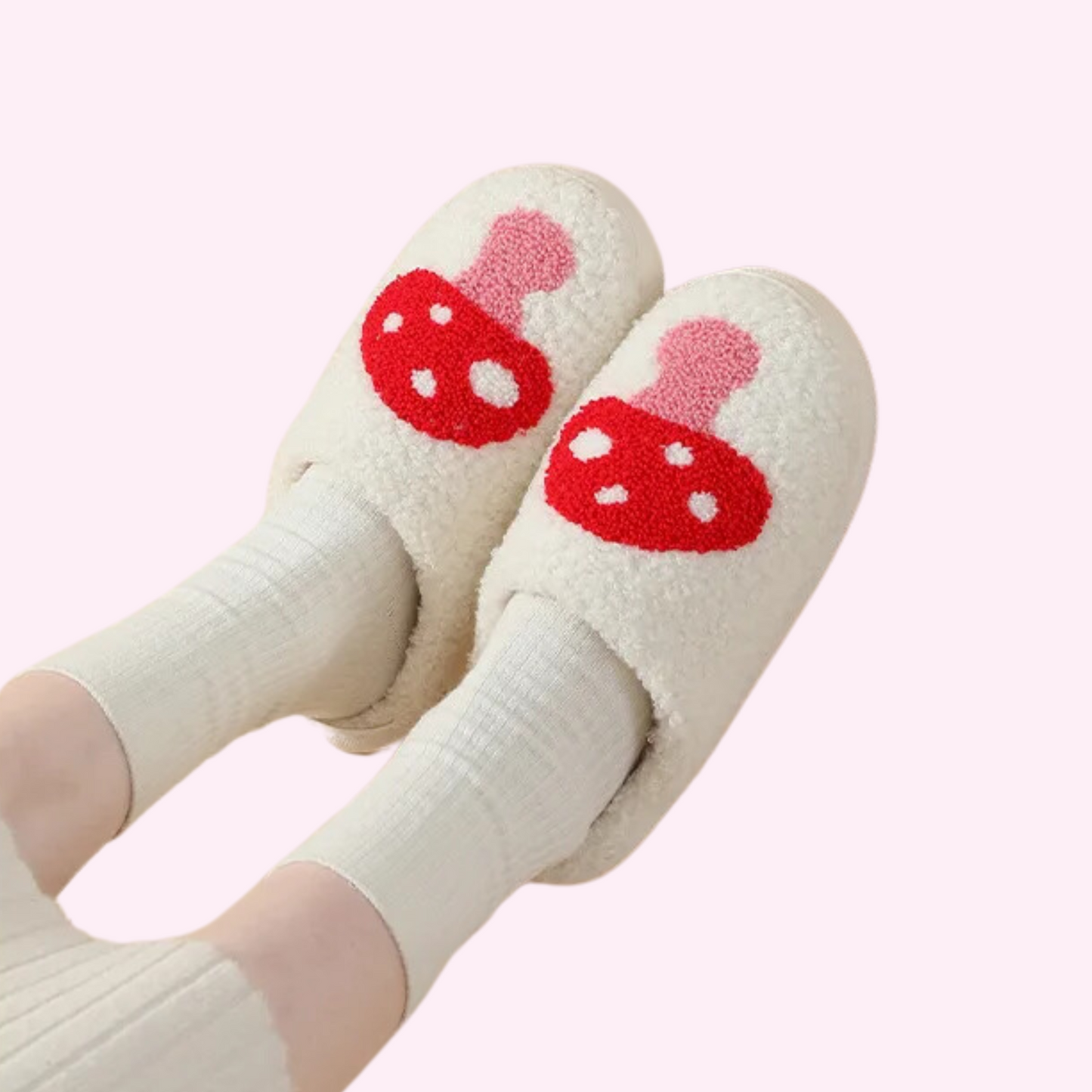 Cute & Fluffy Slippers With Hearts & Mushroom Design