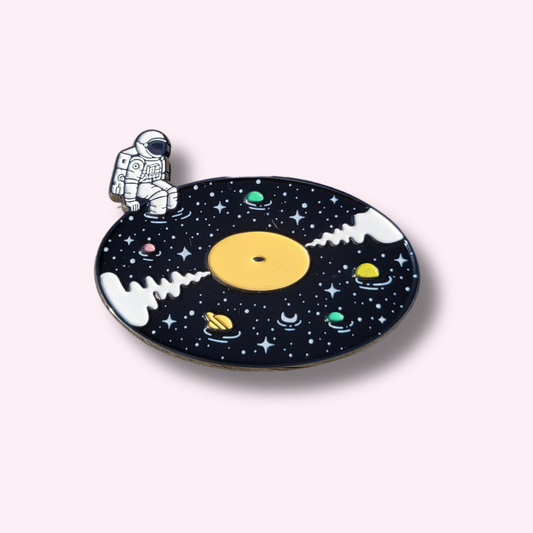 Astronaut Over Vinyl Shaped Galaxy Enamel Pin